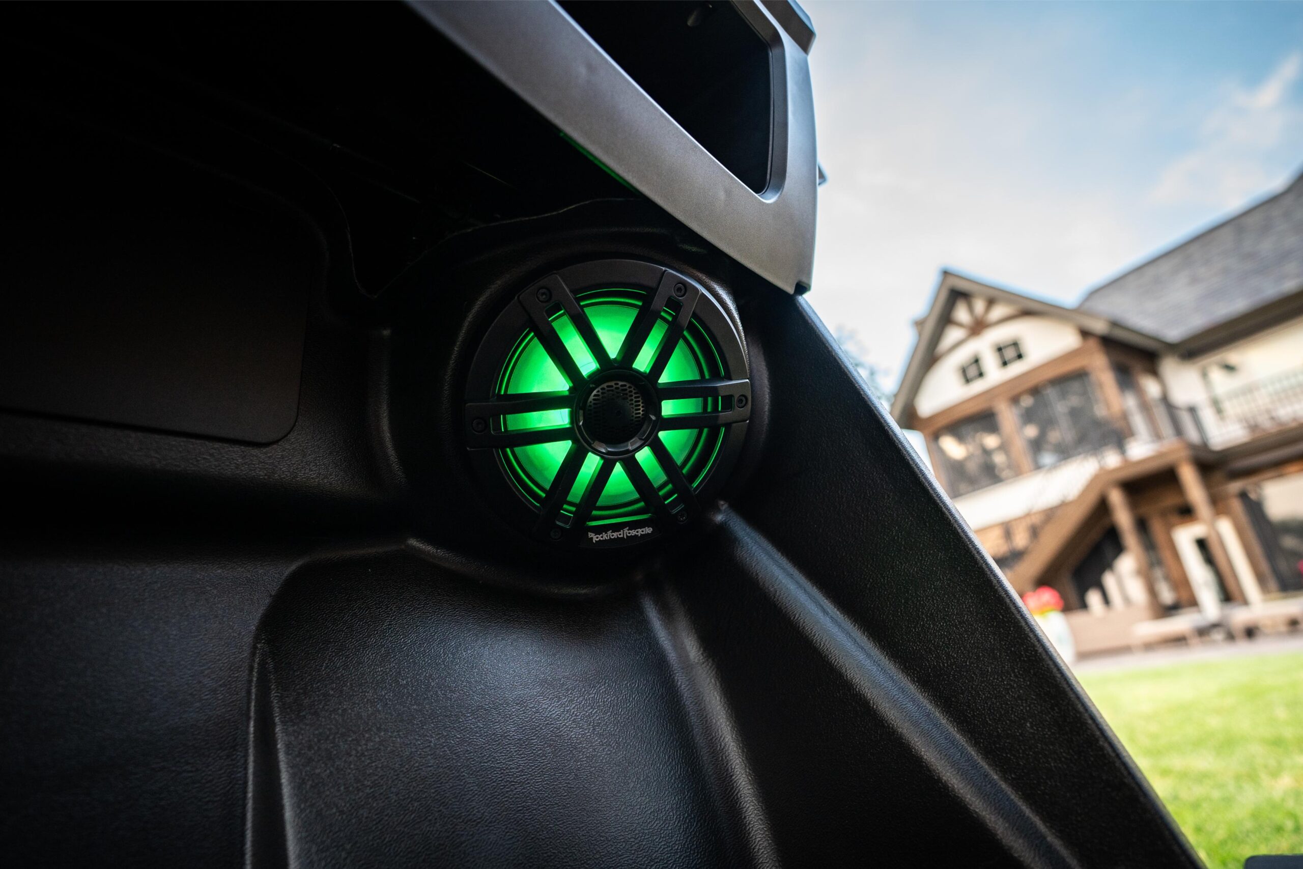 a close up of one of the ulv speakers glowing green